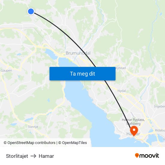 Storlitajet to Hamar map