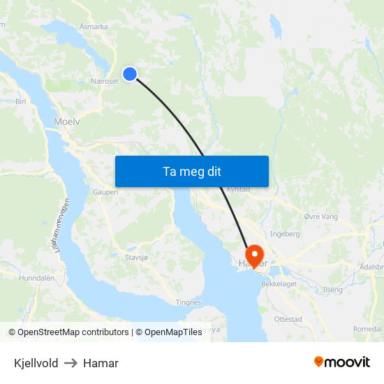 Kjellvold to Hamar map