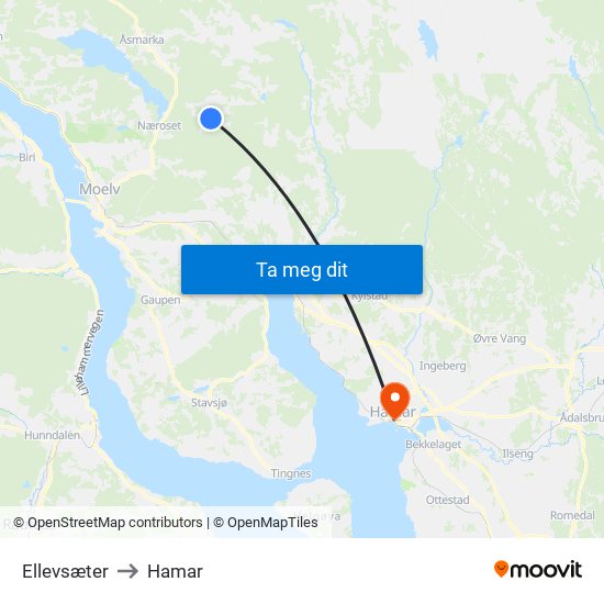 Ellevsæter to Hamar map
