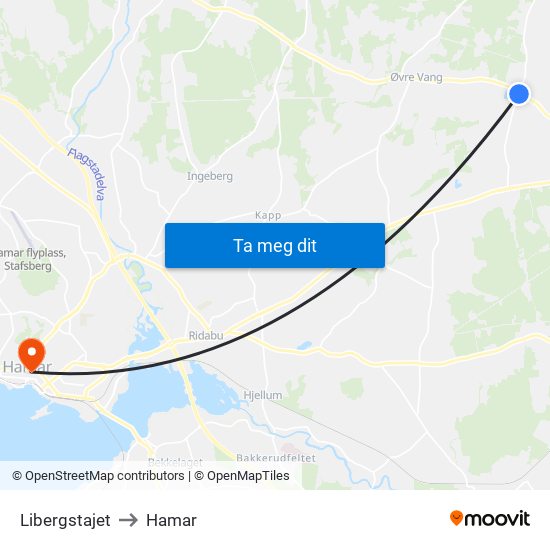 Libergstajet to Hamar map