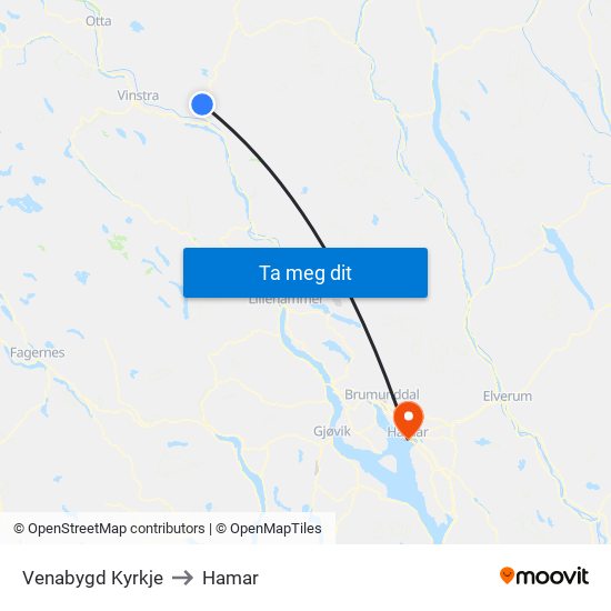 Venabygd Kyrkje to Hamar map