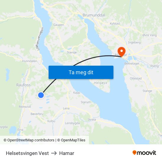 Helsetsvingen Vest to Hamar map