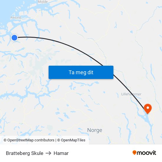 Bratteberg Skule to Hamar map