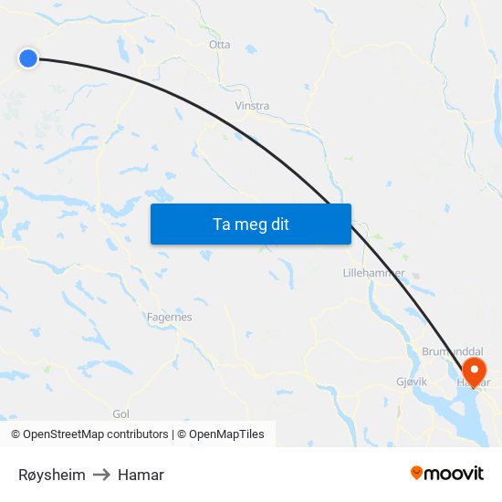 Røysheim to Hamar map