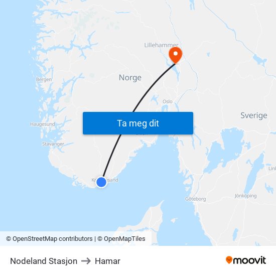Nodeland Stasjon to Hamar map