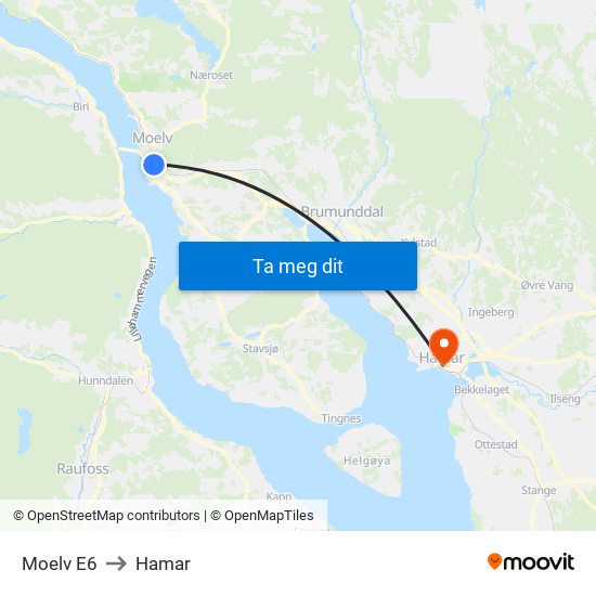 Moelv E6 to Hamar map