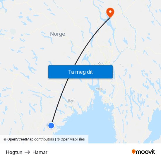 Høgtun to Hamar map