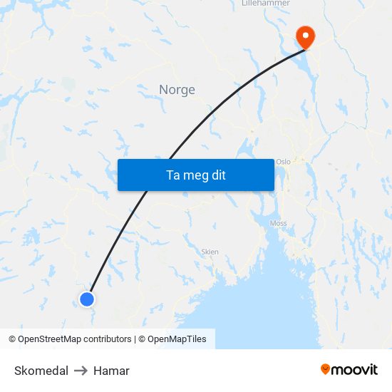Skomedal to Hamar map