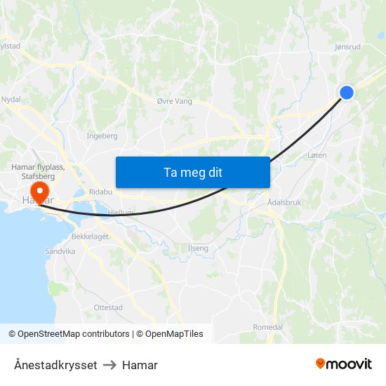 Ånestadkrysset to Hamar map