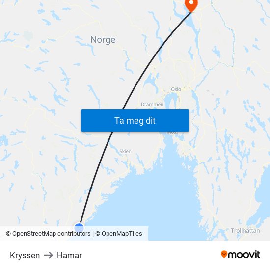 Kryssen to Hamar map
