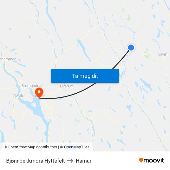Bjønnbekkmora Hyttefelt to Hamar map