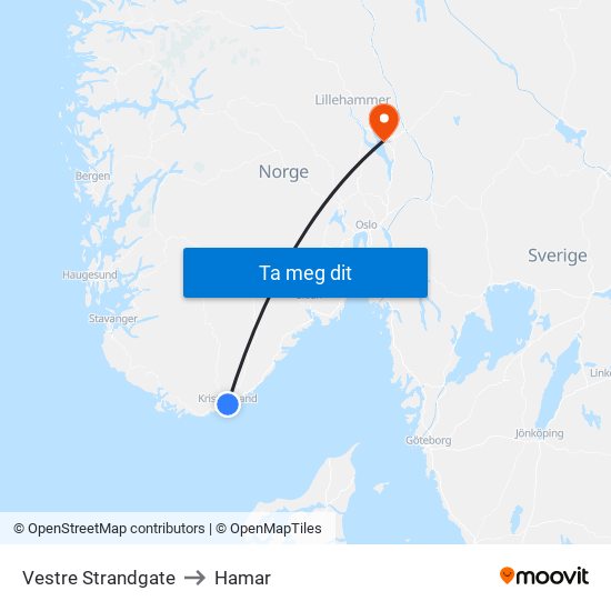 Vestre Strandgate to Hamar map