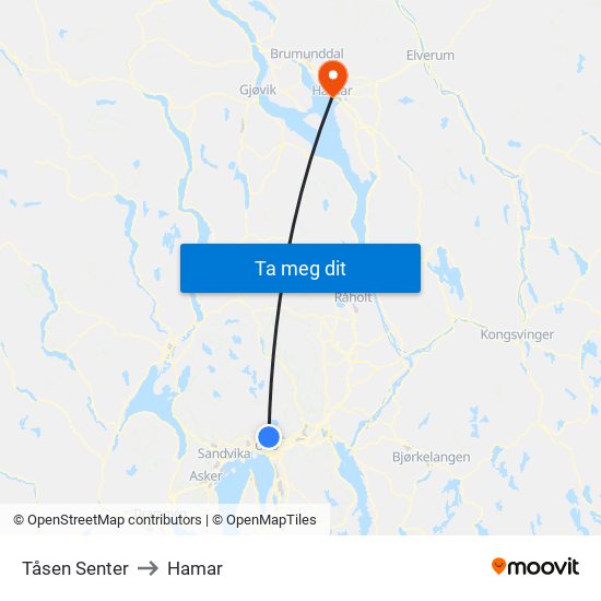Tåsen Senter to Hamar map