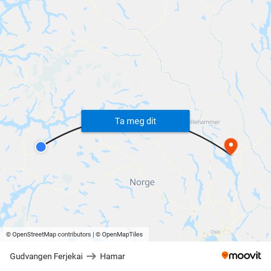 Gudvangen Ferjekai to Hamar map