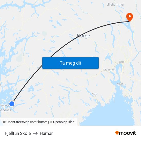 Fjelltun Skole to Hamar map