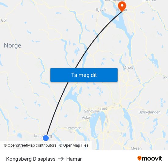 Kongsberg Diseplass to Hamar map