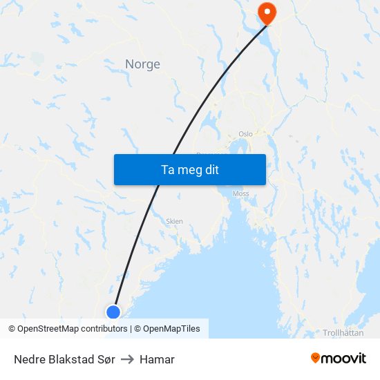 Nedre Blakstad Sør to Hamar map