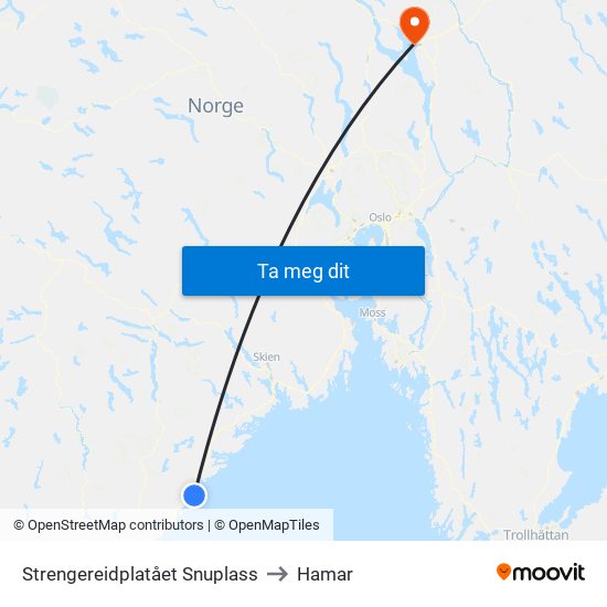 Strengereidplatået Snuplass to Hamar map