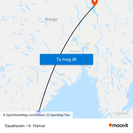 Sauehaven to Hamar map