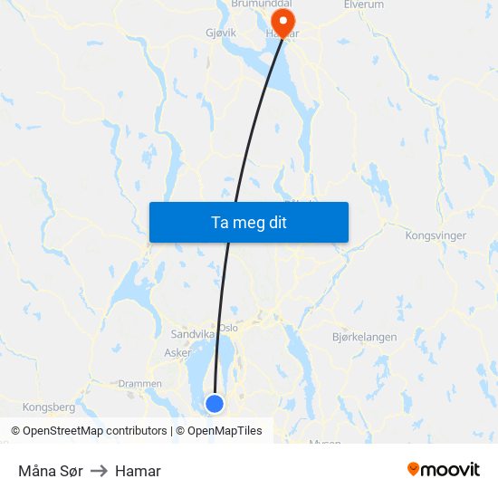 Måna Sør to Hamar map
