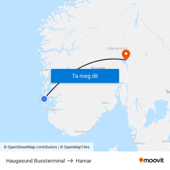 Haugesund Bussterminal to Hamar map