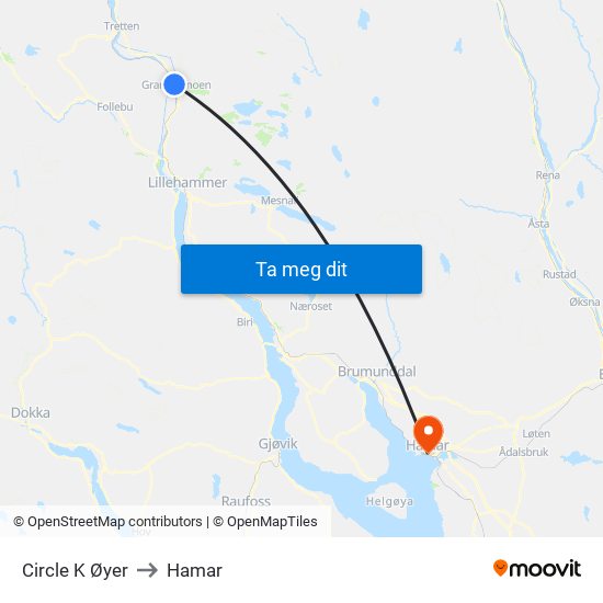 Circle K Øyer to Hamar map