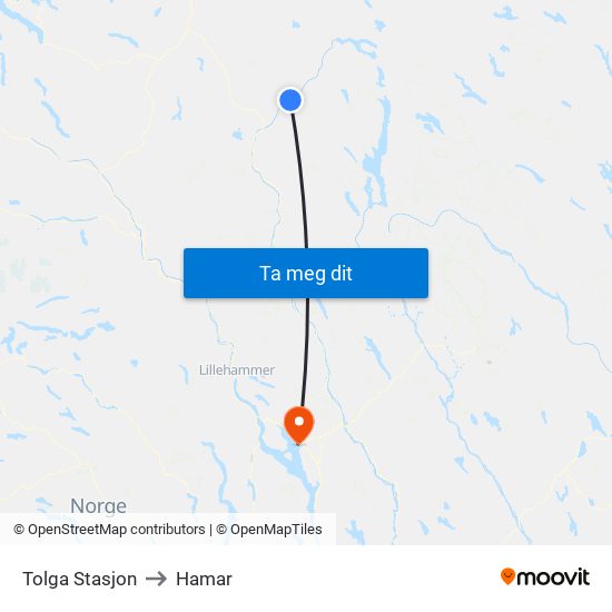 Tolga Stasjon to Hamar map