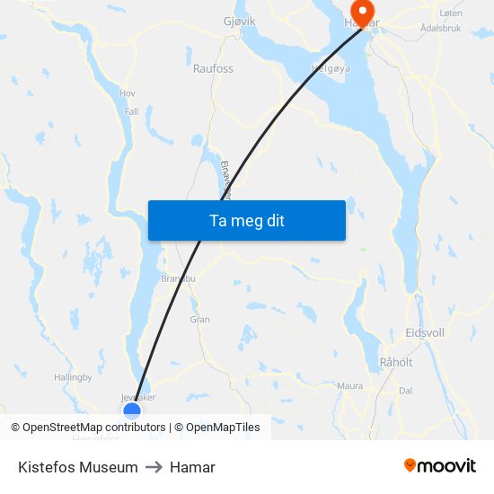 Kistefos Museum to Hamar map