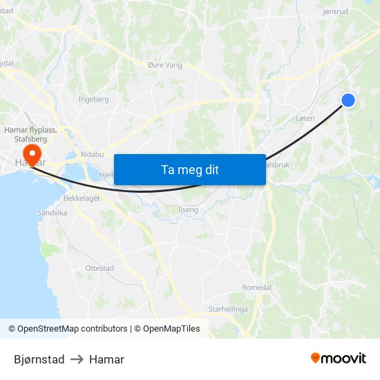 Bjørnstad to Hamar map
