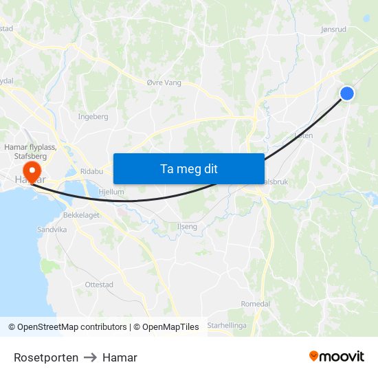 Rosetporten to Hamar map