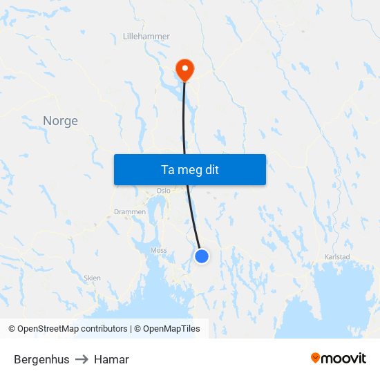 Bergenhus to Hamar map
