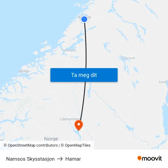 Namsos Skysstasjon to Hamar map