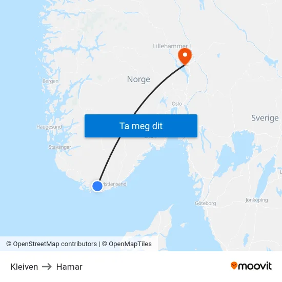 Kleiven to Hamar map