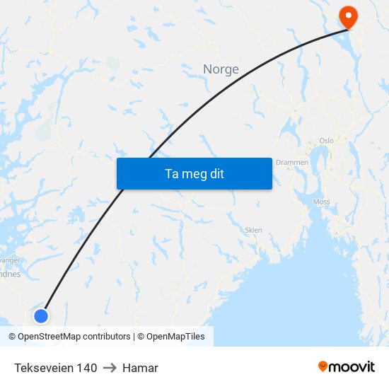 Tekseveien 140 to Hamar map