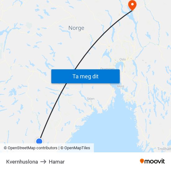 Kvernhuslona to Hamar map