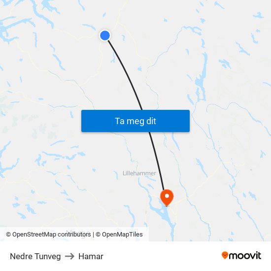 Nedre Tunveg to Hamar map