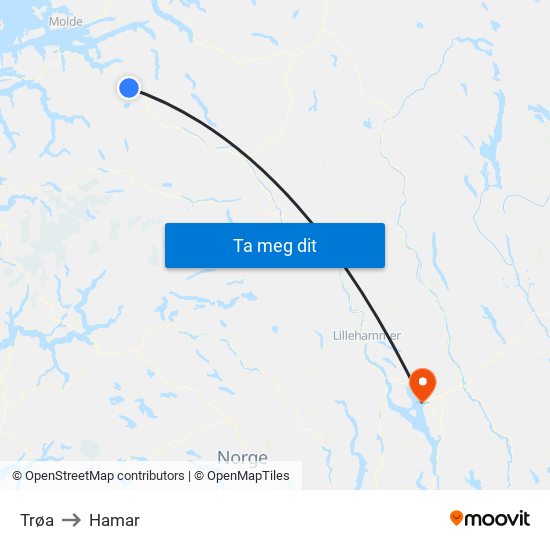 Trøa to Hamar map
