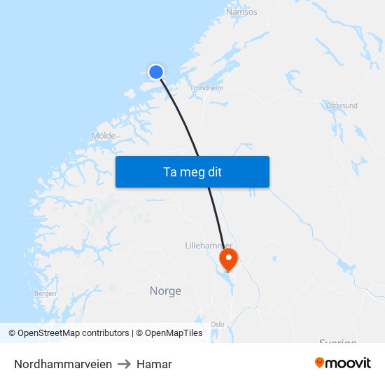 Nordhammarveien to Hamar map