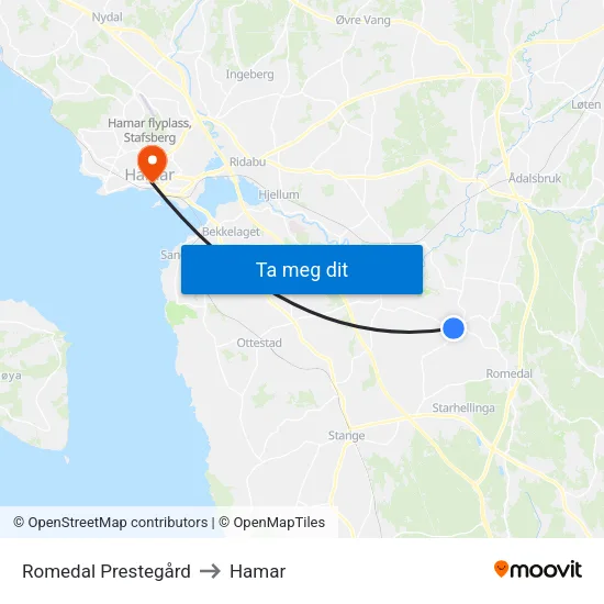 Romedal Prestegård to Hamar map
