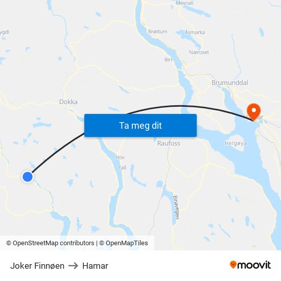 Joker Finnøen to Hamar map