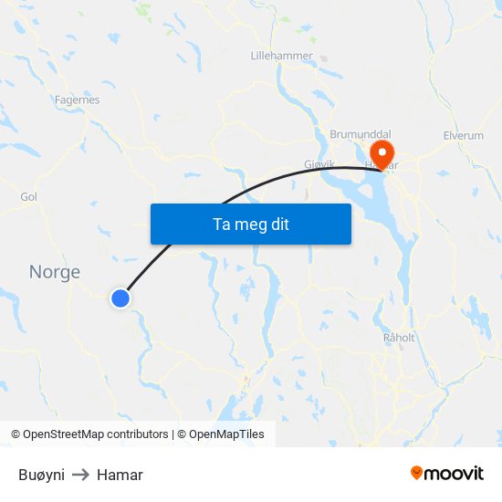 Buøyni to Hamar map