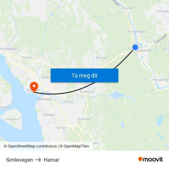 Simlevegen to Hamar map