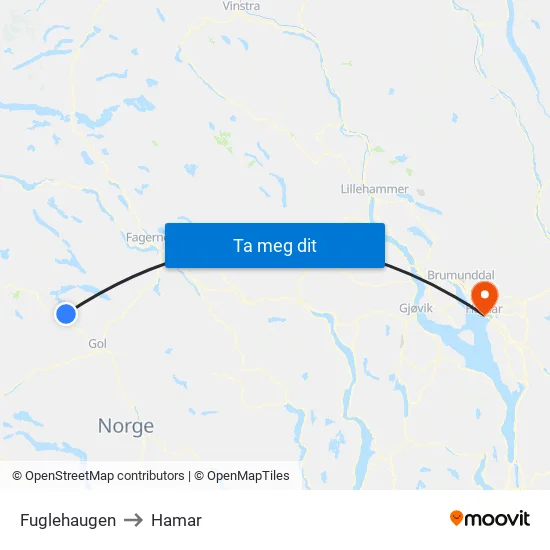 Fuglehaugen to Hamar map