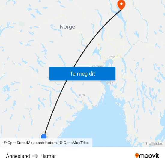 Ånnesland to Hamar map