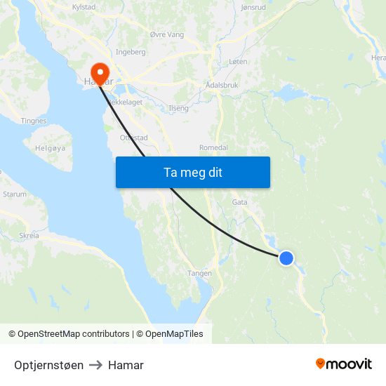 Optjernstøen to Hamar map