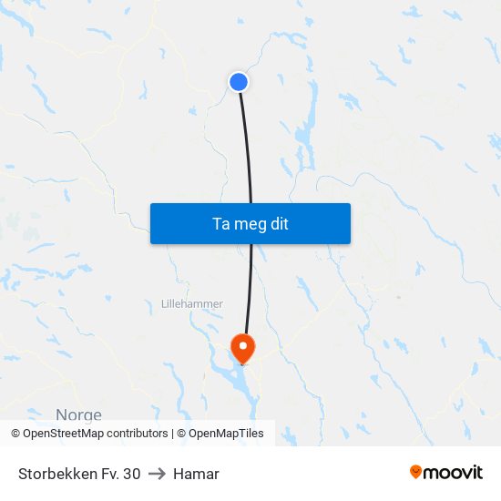 Storbekken Fv. 30 to Hamar map
