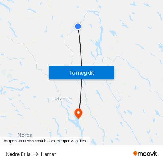 Nedre Erlia to Hamar map