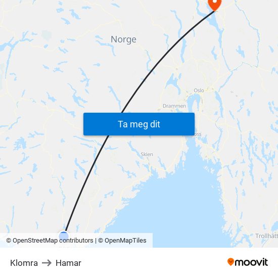 Klomra to Hamar map