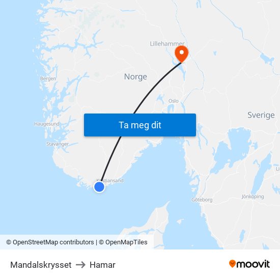 Mandalskrysset to Hamar map