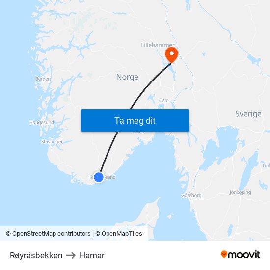 Røyråsbekken to Hamar map